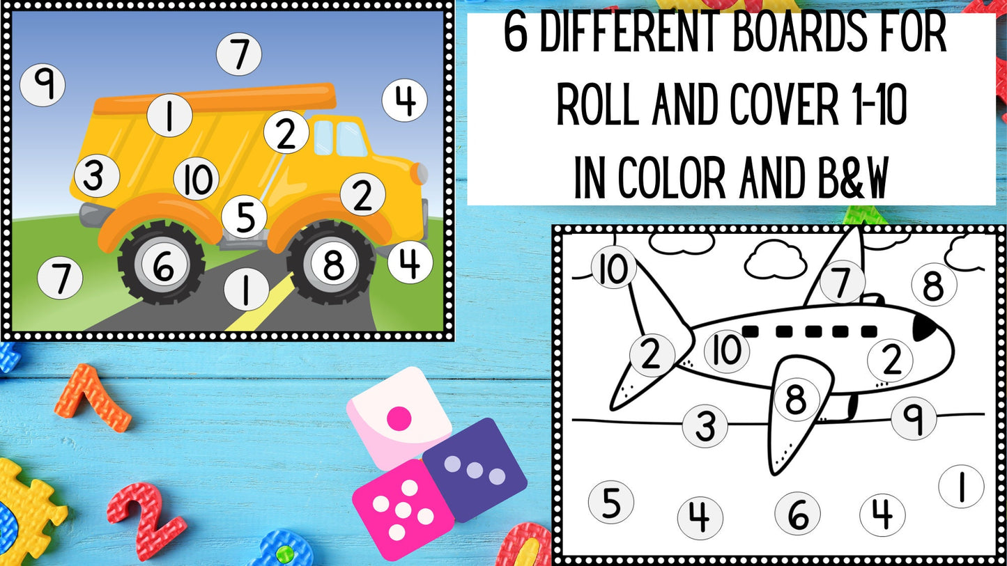Transportation Theme Roll and Cover Math Game for Preschool, PreK and Kindergarten