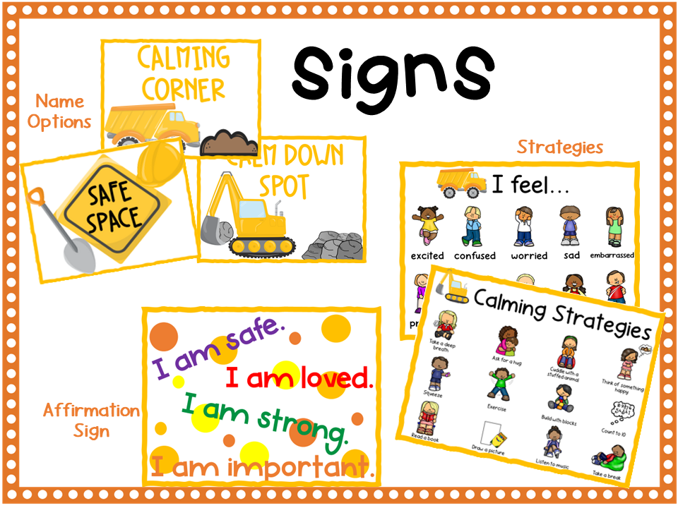 Construction Theme Calming Corner Signs, Activities and Stories