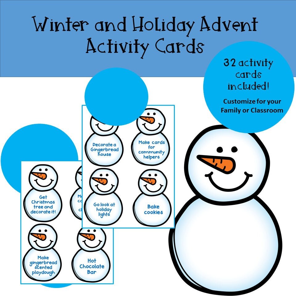 Printable Snowman Theme Advent Calendar Activity Cards