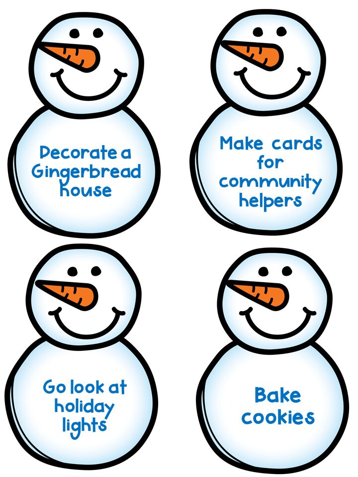 Printable Snowman Theme Advent Calendar Activity Cards