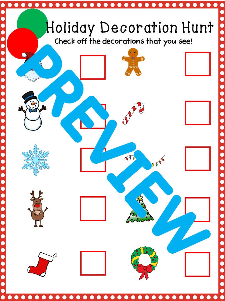 Christmas Decoration Scavenger Hunt for Preschool, PreK and Kindergarten