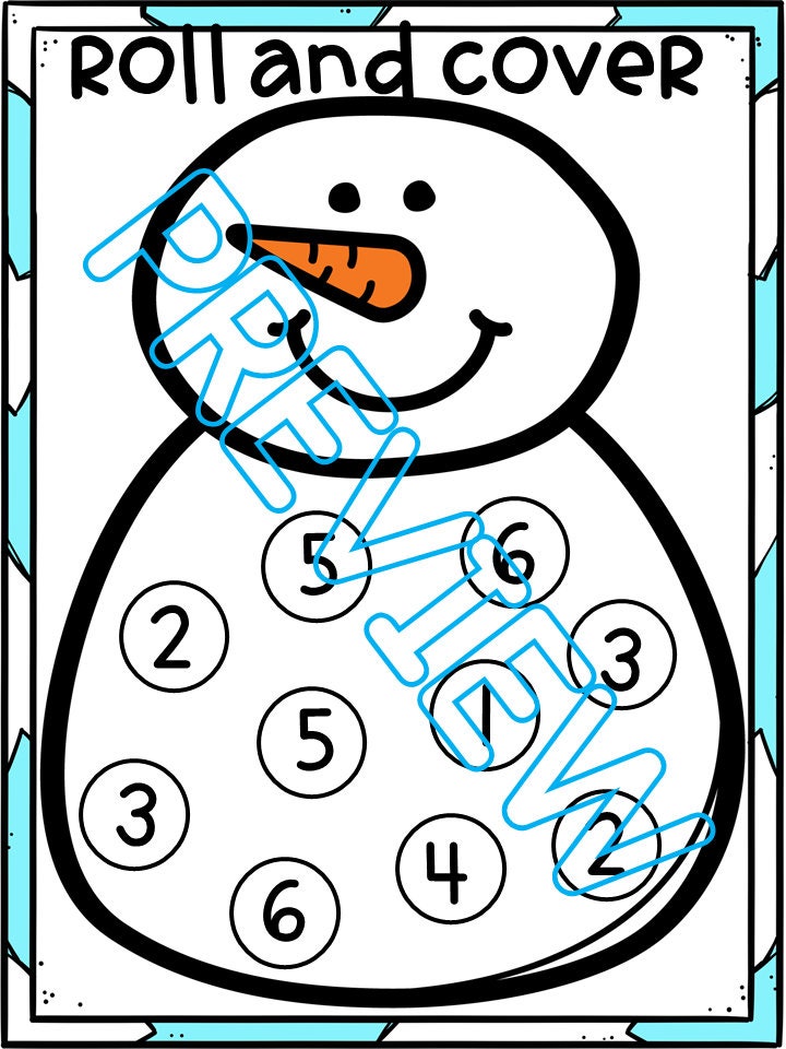 Snowman Theme Roll and Cover Game Math Game for Preschool, PreK and Kindergarten