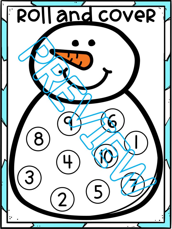 Snowman Theme Roll and Cover Game Math Game for Preschool, PreK and Kindergarten