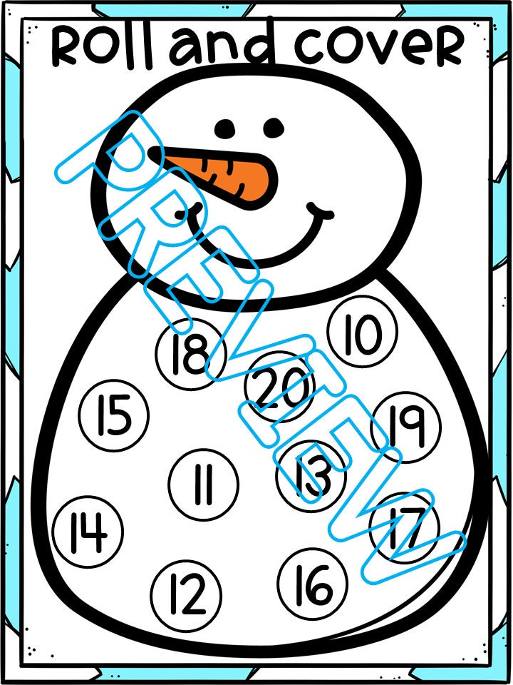 Snowman Theme Roll and Cover Game Math Game for Preschool, PreK and Kindergarten