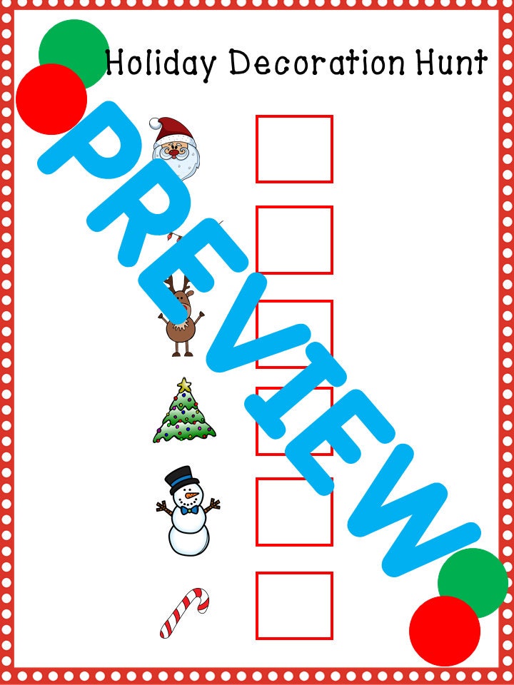 Christmas Decoration Scavenger Hunt for Preschool, PreK and Kindergarten