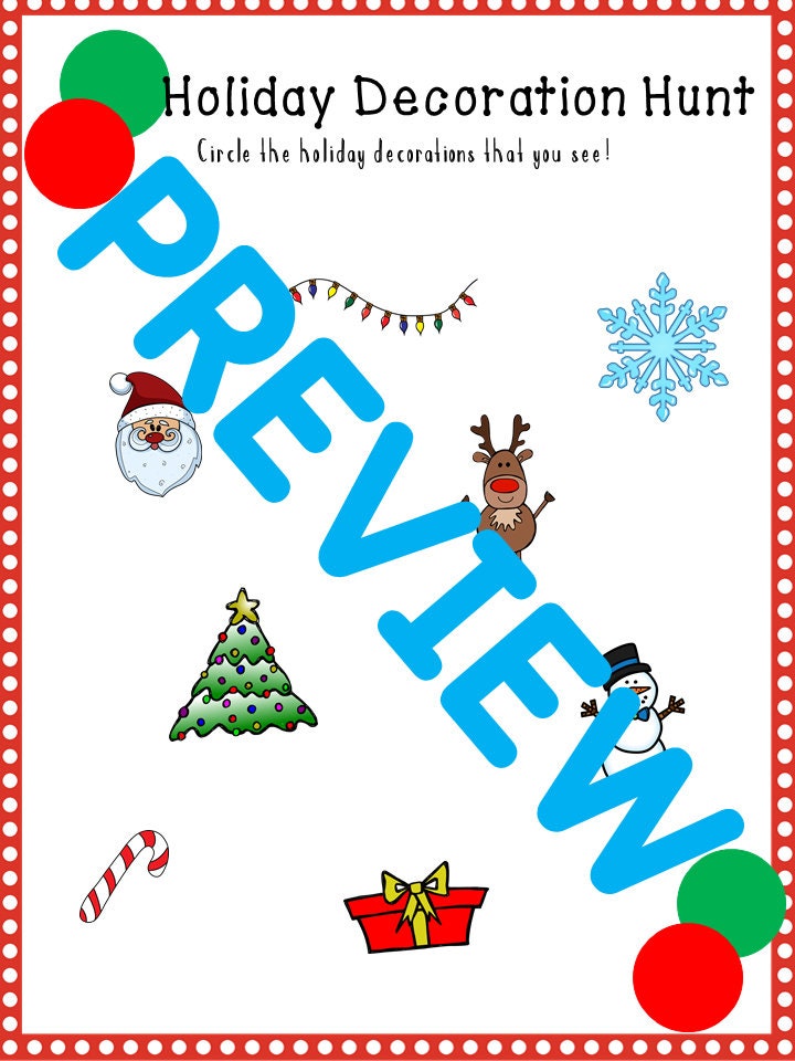 Christmas Decoration Scavenger Hunt for Preschool, PreK and Kindergarten