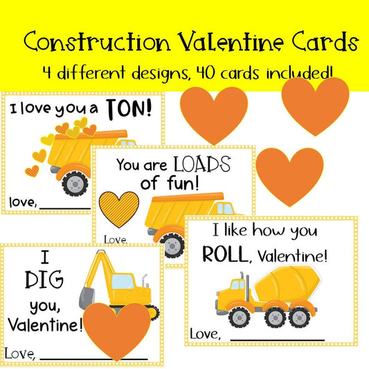 Construction Theme Valentine Cards for Kids