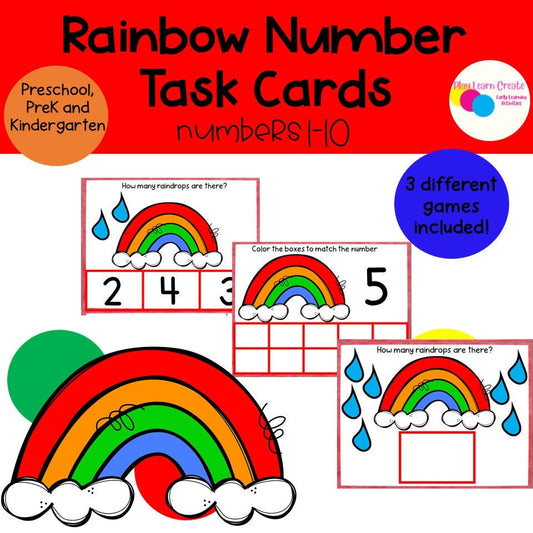 Rainbow Math Task Activity Cards for Preschool, PreK and Kindergarten