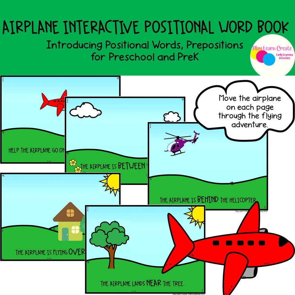 Airplane Theme Printable Positional Word Interactive Book for Preschool, PreK and Kindergarten