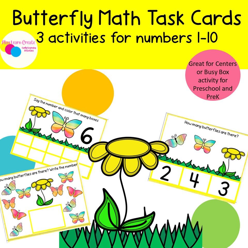 Butterfly Math Task Cards, Preschool Math Activity – Play Learn Create ...