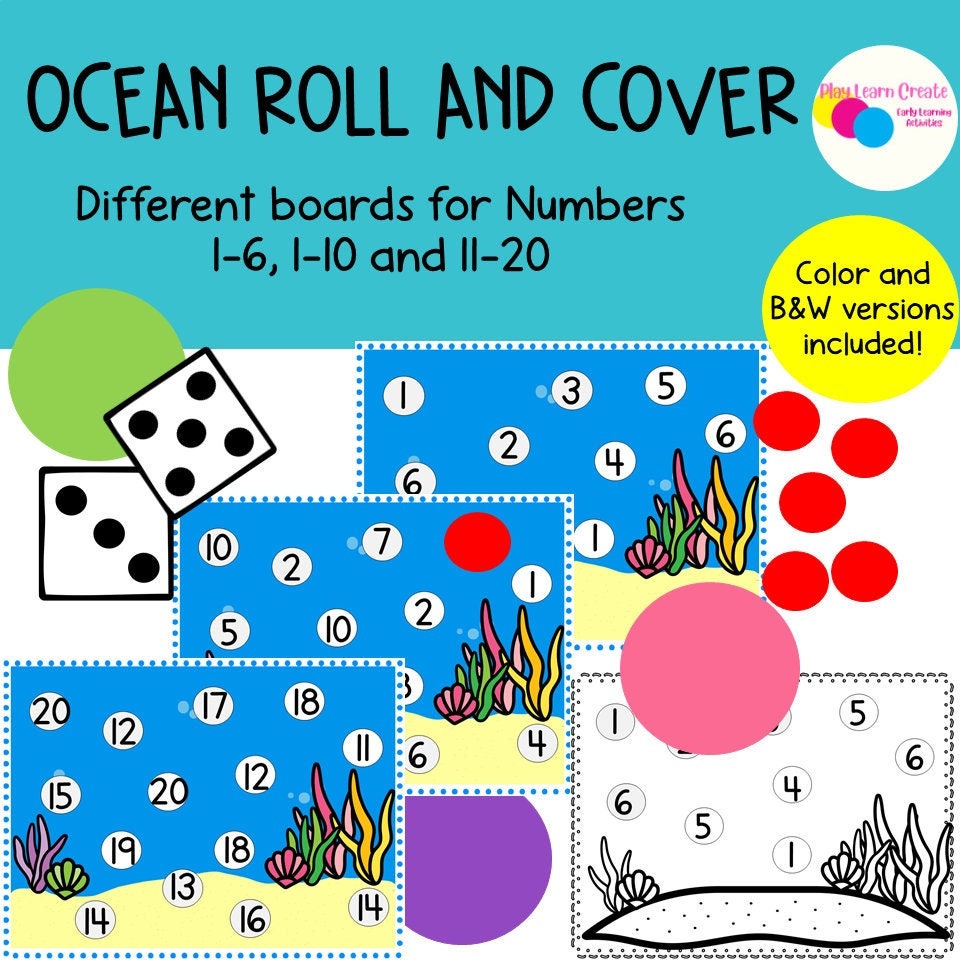 Ocean Theme Roll and Cover Math Game for Preschool, PreK and Kindergarten