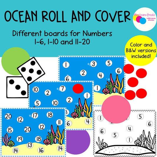 Ocean Theme Roll and Cover Math Game for Preschool, PreK and Kindergarten