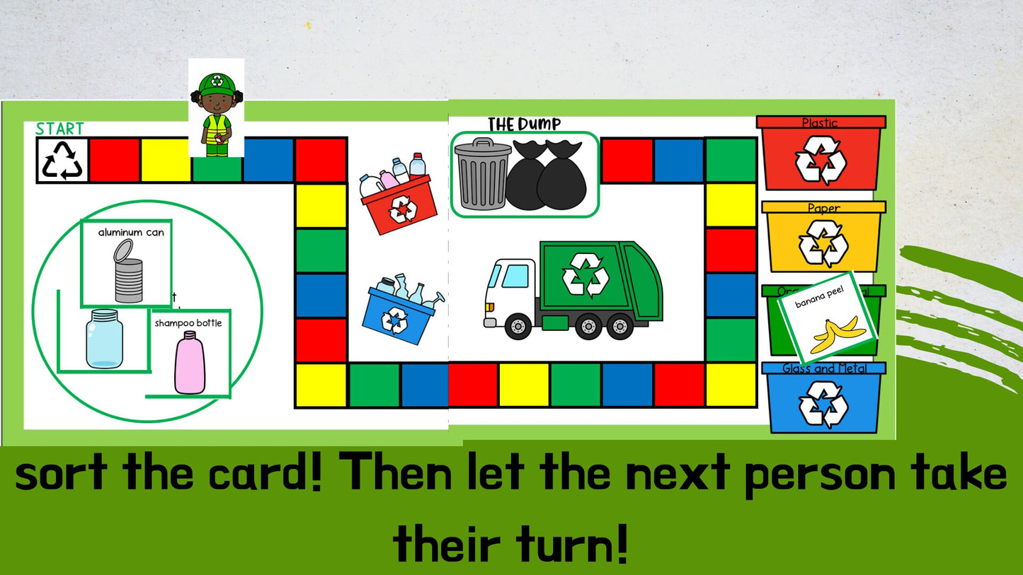 Recycling Board Game and Lesson for Preschool, PreK and Kindergarten