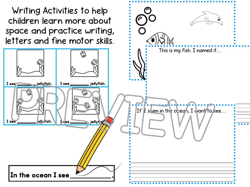 Ocean Theme Writing Center and Activities for Preschool, PreK and Kindergarten