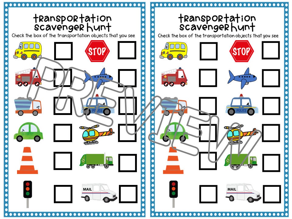 Transportation Theme Scavenger Hunt Activity for Toddler, Preschool, PreK and Kindergarten