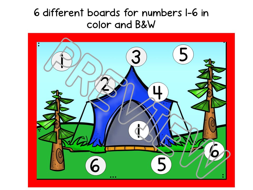 Camping Theme Roll and Cover Math Game for Preschool, PreK and Kindergarten