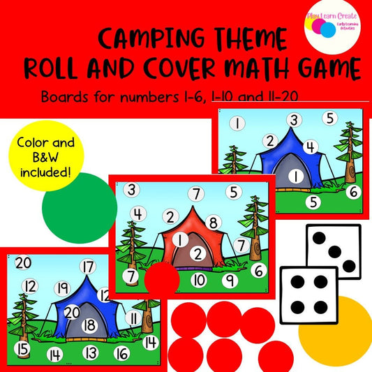 Camping Theme Roll and Cover Math Game for Preschool, PreK and Kindergarten