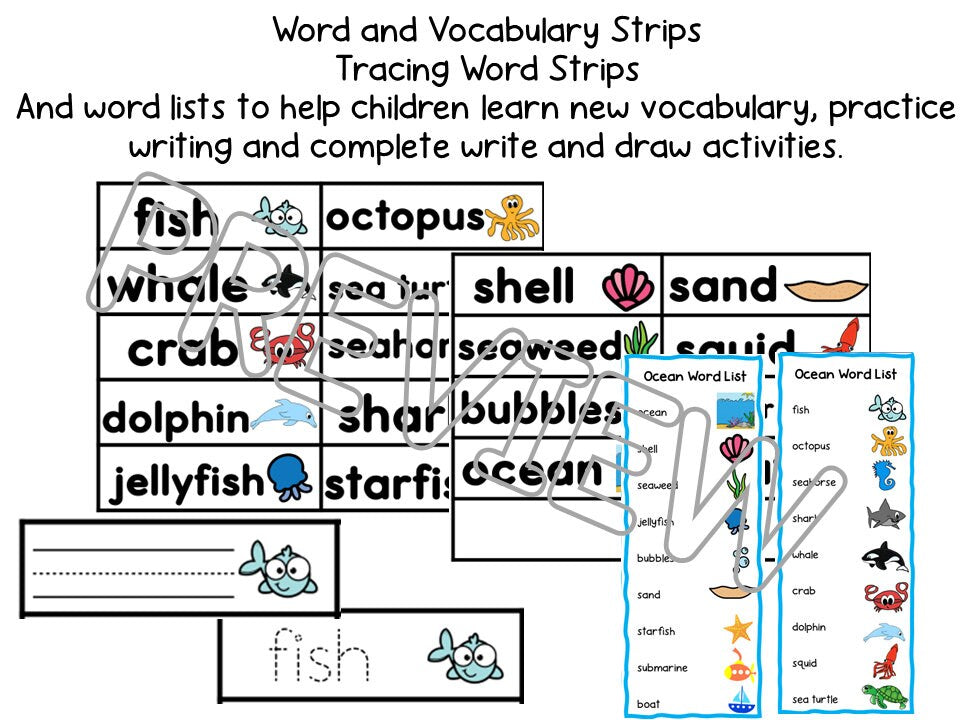 Ocean Theme Writing Center and Activities for Preschool, PreK and Kindergarten