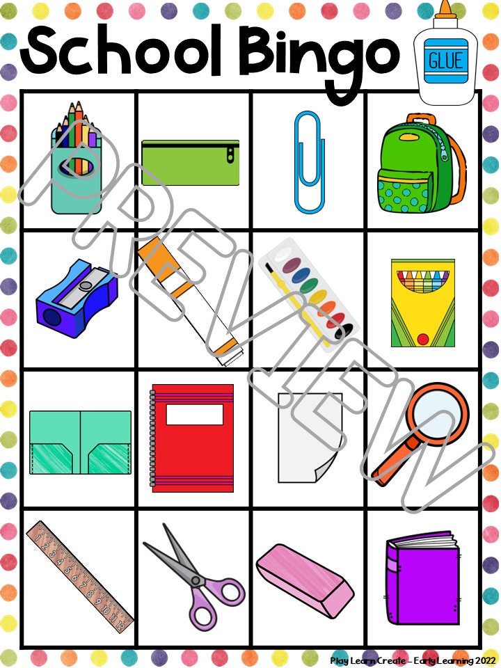 Back to School Bingo Game, School Themed Learning, Printable Bingo Game, Centers for Preschool and Kindergarten