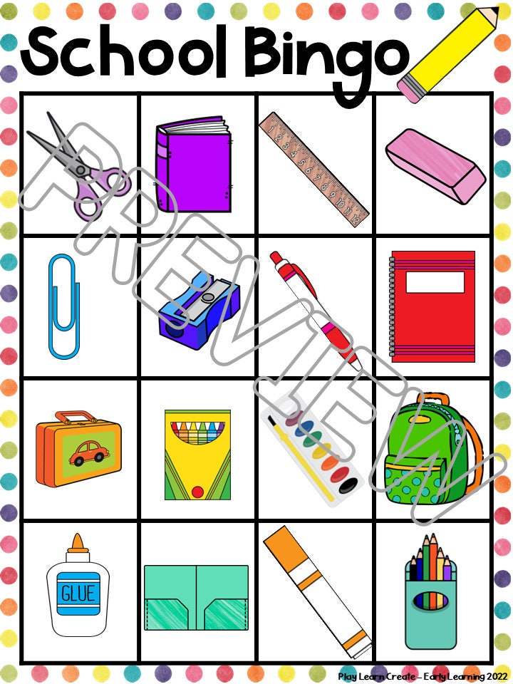 Back to School Bingo Game, School Themed Learning, Printable Bingo Game, Centers for Preschool and Kindergarten