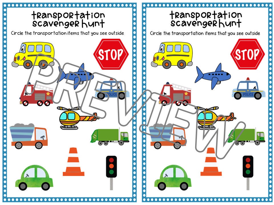 Transportation Theme Scavenger Hunt Activity for Toddler, Preschool, PreK and Kindergarten