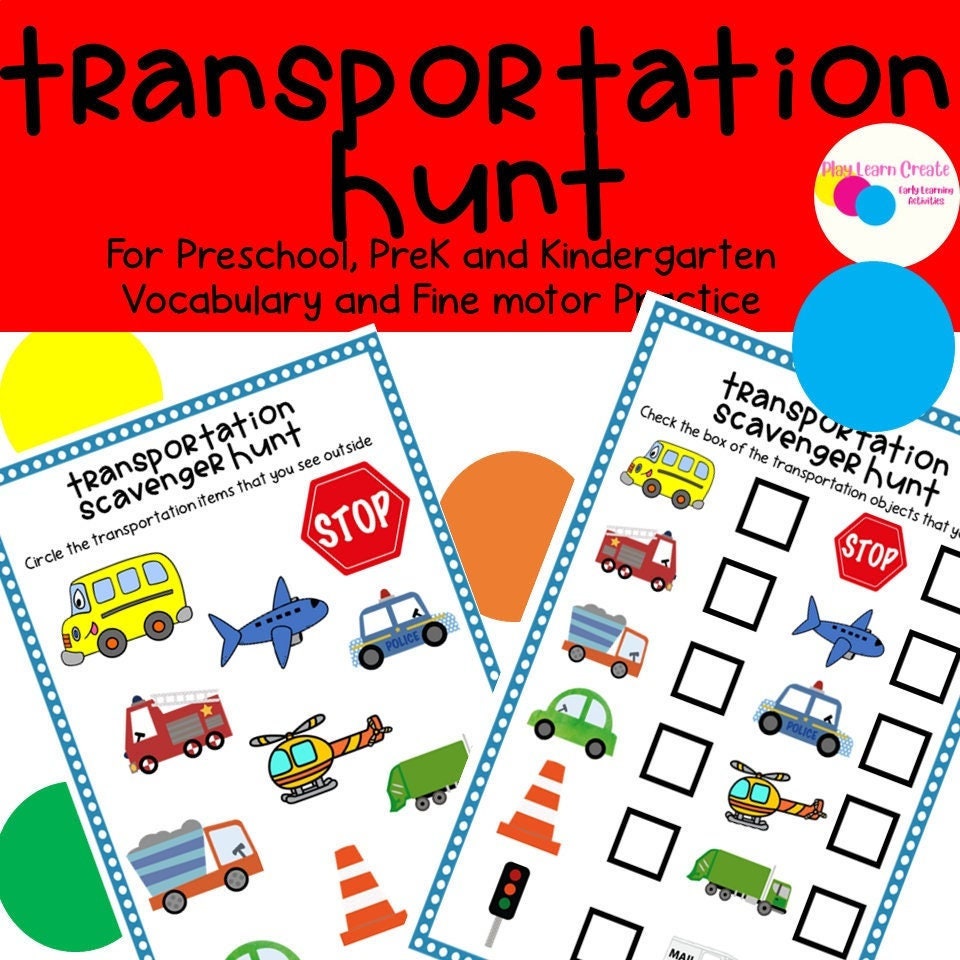 Transportation Theme Scavenger Hunt Activity for Toddler, Preschool, PreK and Kindergarten