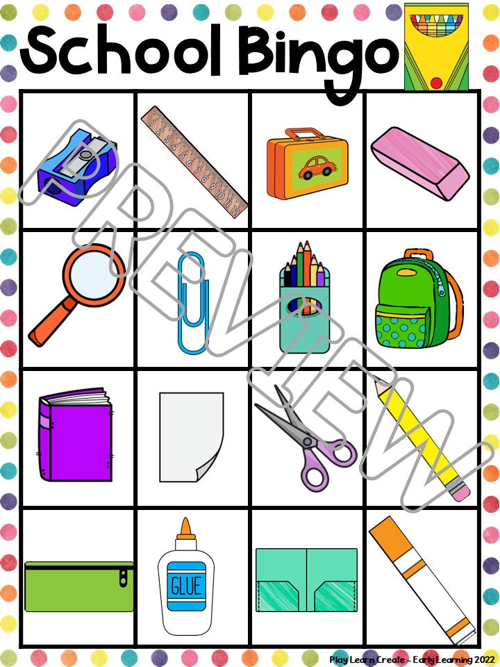 Back to School Bingo Game, School Themed Learning, Printable Bingo Game, Centers for Preschool and Kindergarten