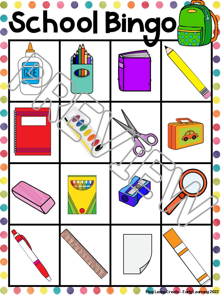 Back to School Bingo Game, School Themed Learning, Printable Bingo Game, Centers for Preschool and Kindergarten