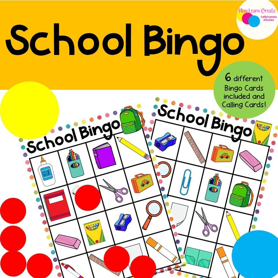 Back to School Bingo Game, School Themed Learning, Printable Bingo Game, Centers for Preschool and Kindergarten