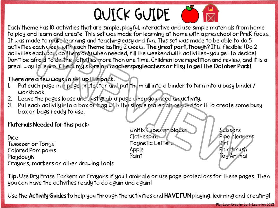 September Play Learn Create Preschool Learning Pack for Preschool Homeschool