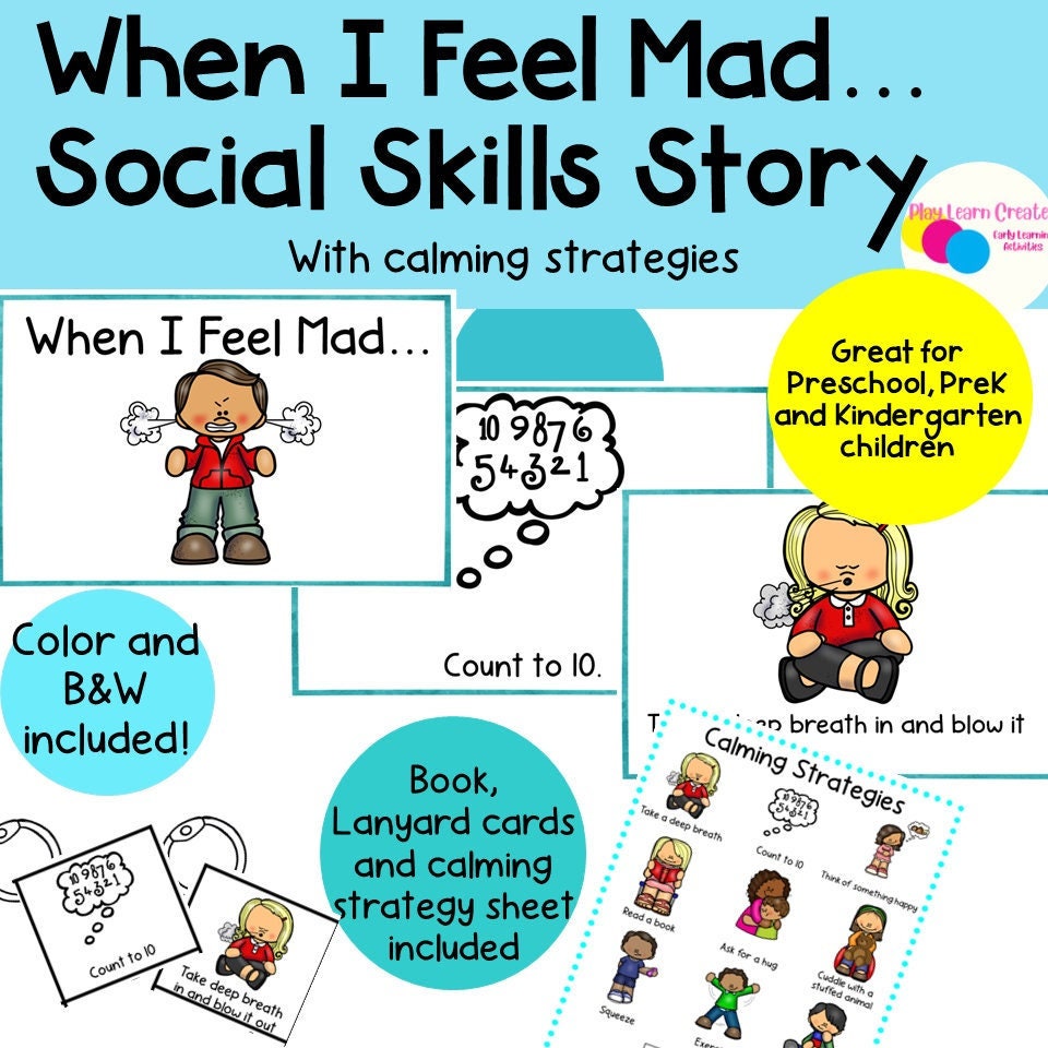 I'm Feeling Mad Social Skills Story with Calming Strategies poster and Lanyard Cards