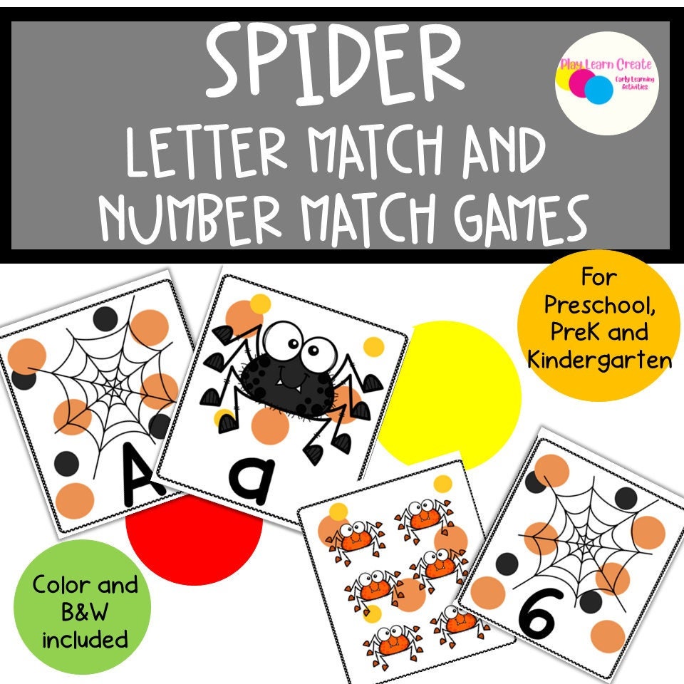 Spider Theme Letter Match and Number Match Games for Preschool, PreK and Kindergarten