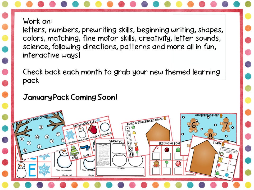 December Play Learn Create Pack, December Homeschool Binder, Learning Binder, Snow Preschool Activities, Gingerbread Preschool Activities