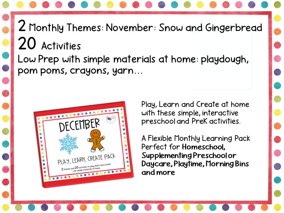 December Play Learn Create Pack, December Homeschool Binder, Learning Binder, Snow Preschool Activities, Gingerbread Preschool Activities